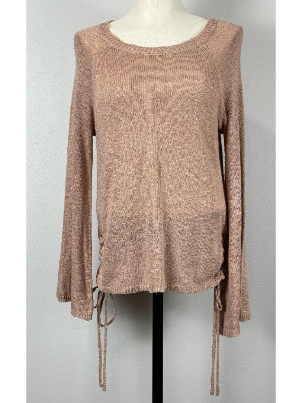 Pink Republic Sweater Womens Large Ruched Side Champagne Glass Long Bell Sleeve